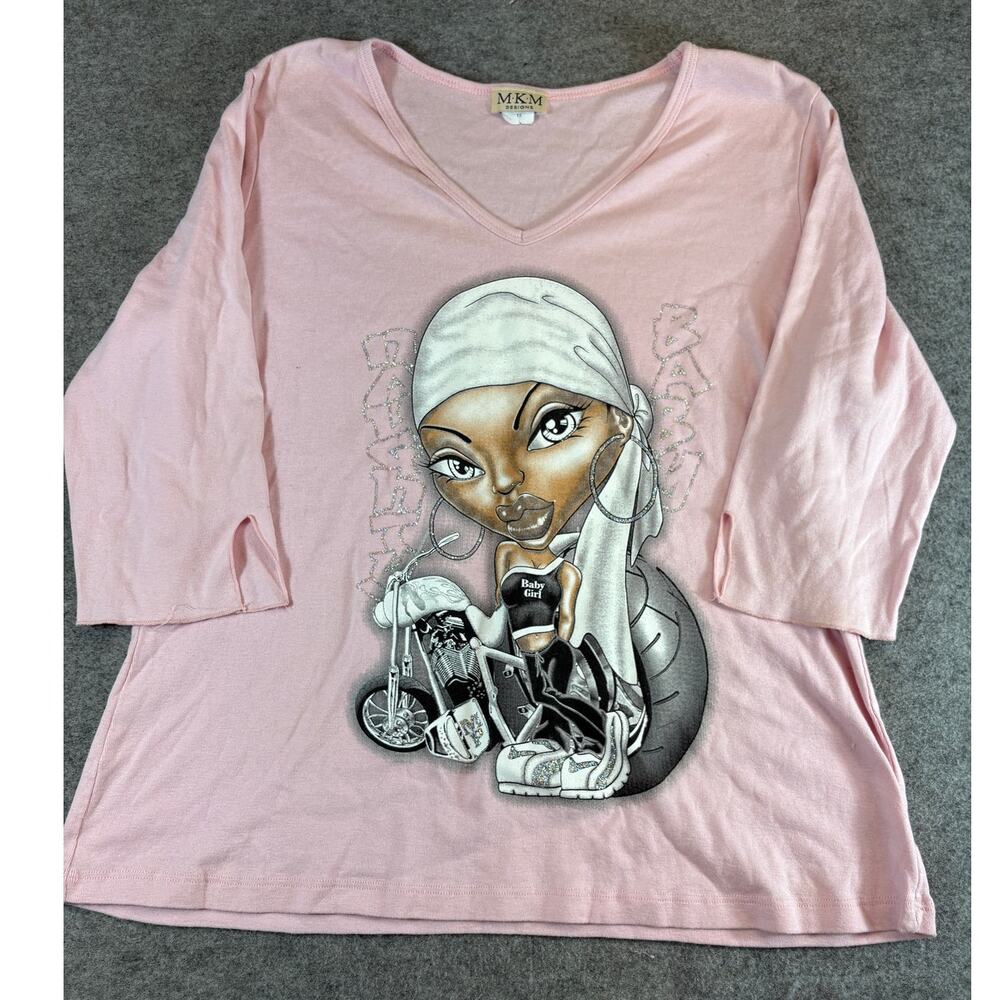 VINTAGE Y2K MKM Designs Top Womens 1X Pink Graphic Baby Girl Biker Motorcycle